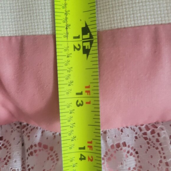 Handmade Pink & White Ruffled Throw Pillow With Cross-Stitch Farmhouse Design - Picture 6 of 7